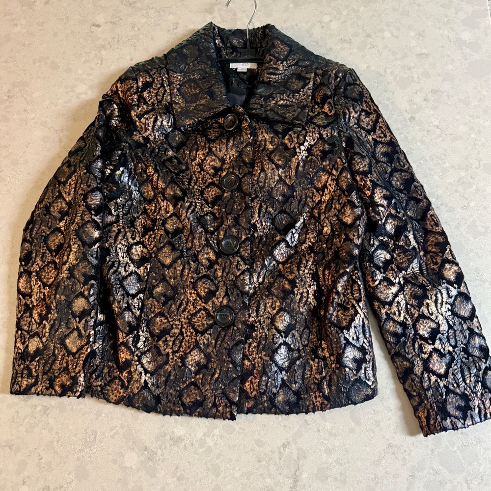 VTG Erin London Womens Jacket M Animal Print Metallic Classic Retro Pockets